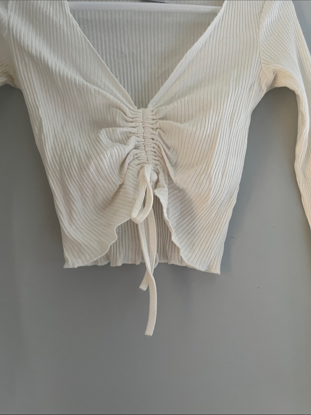Princess Polly Ivory Ribbed Ruched Drawstring Long Sleeve Top - Picture 3 of 4